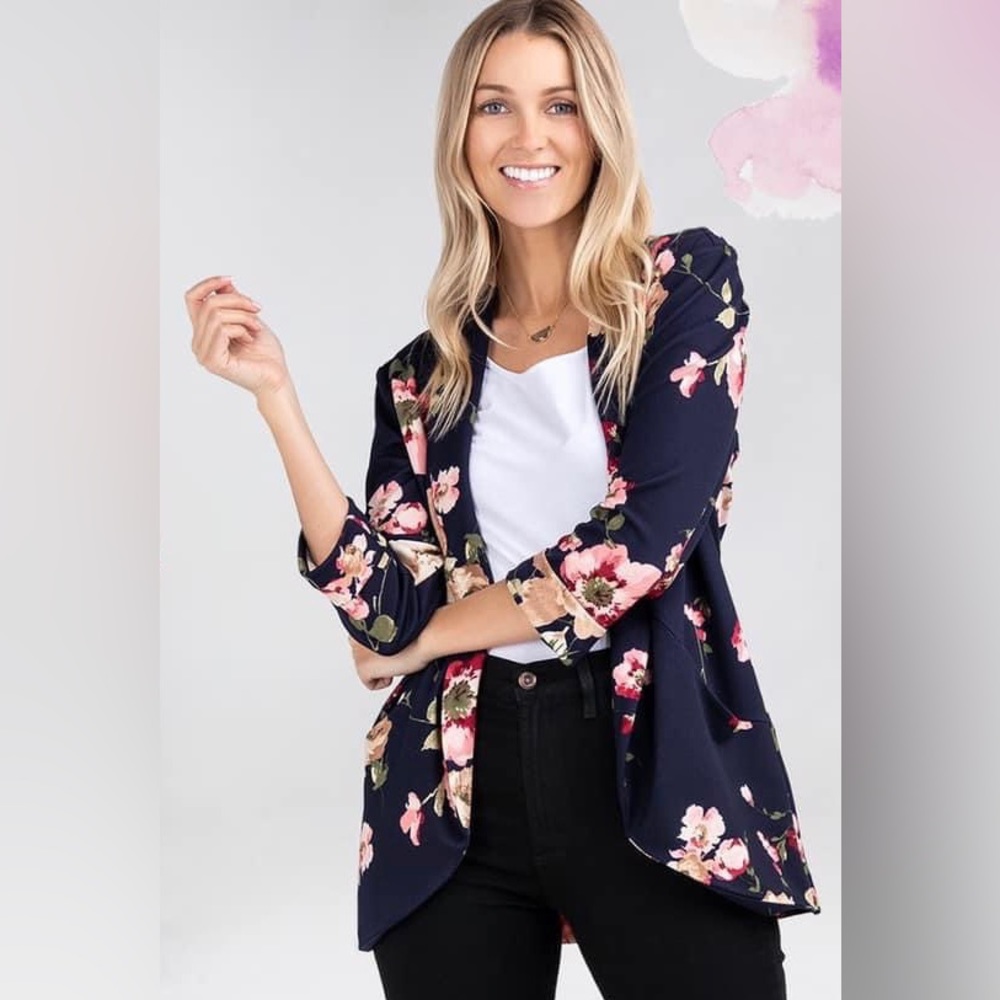 Ladies Navy Floral Blazer - Size Medium